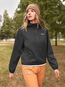 SHEIN In My Nature 女士字母印花拉链半开襟长袖连帽户外卫衣 - 黑色 - 查看 4