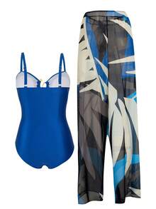 Swim Oasis 大码女式绿色提花面料休闲度假吊带低领连体泳衣配沙滩罩衫两件套泳装 - 藍色 - 查看 2