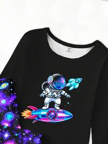 2pcs/Set Boys' Cartoon Astronaut & Rocket Print Black Top Paired With Planet & Galaxy Glow-In-The-Dark Leggings, Knit Stretchy Soft Comfortable Sleepwear - Multicolor - View 3