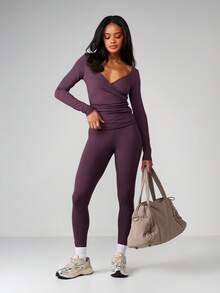 MISSGUIDED Women Long Sleeve Ruched Detail V Neck Fitted Top With Side Gathering Athletic Activewear Workout Shirt Fall Winter - Brown - View 4