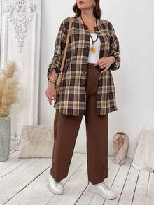 EMERY ROSE Plus Size Double-Layer Collar Check Shirt & Textured Wide-Leg Pants Set - Multicolor - View 1