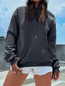 EURMUSE Cotton Solid Drawstring Pocket Detail Thermal Lined Hoodie - Dark Grey - View 4