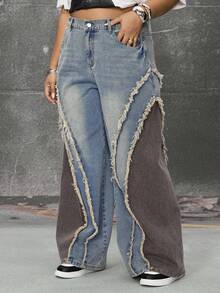 ROMWE Grunge Punk Jeans anchos de pierna ancha con diseño de split retro lavado para mujer de talla grande - Azul - Ver 6