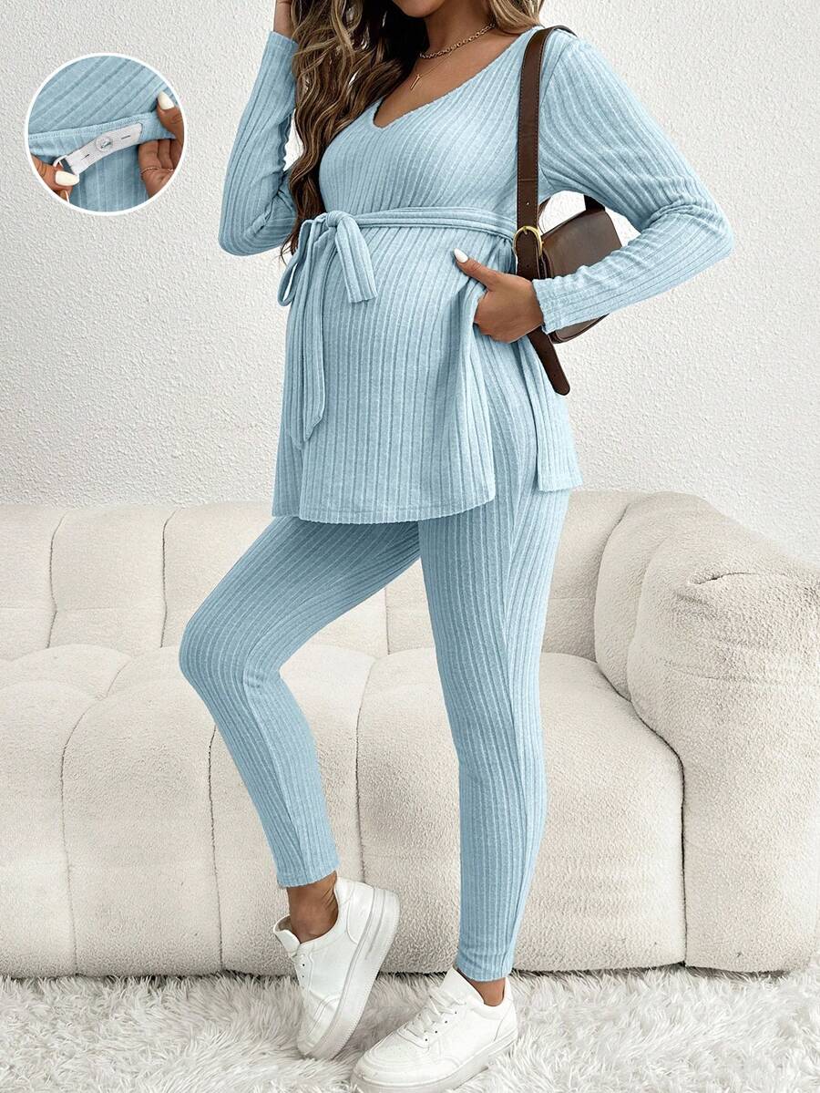 SHEIN 孕妇休闲纯色侧开衩上衣和裤子两件套 - 淺藍色 - 查看 1