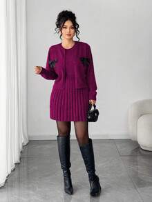 Elenzga Đầm không tay thanh lịch dành cho nữ kèm áo khoác cardigan dài tay, bộ đồ dệt kim dáng rộng cỡ lớn, trang phục áo khoác ngoài, bộ đồ mùa đông - Màu đỏ tím - Xem 1