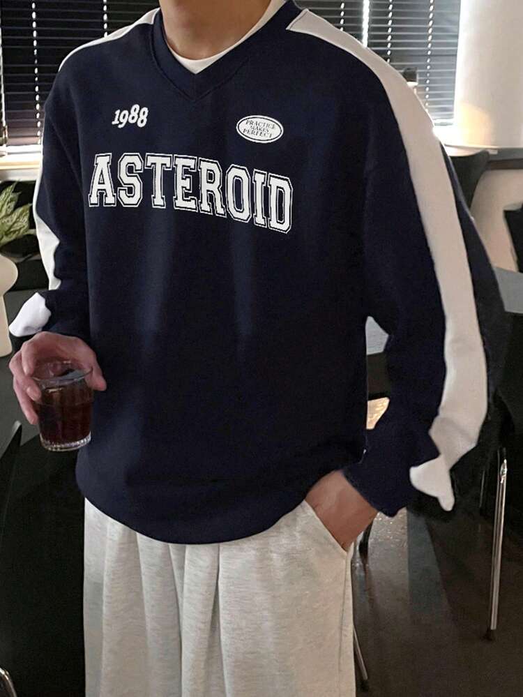 Men's Contrast Color Letter Print Pullover Sweatshirt With Thermal Lining, Autumn/Winter