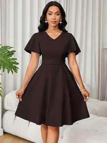 Lunelith SHEIN Lunessa Women's Solid Color V-Neck Elegant Ruffle Sleeve Waist Cinched Mini Dress, Suitable For Party And Vacation - Coffee Brown - View 5