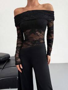 Firerie Women's Elegant Sexy Minimalist Fashion Women Fatale Charm Valentine's Day New Year Party Date Off-Shoulder Textured Mesh Sheer Ruched Low Waist Bodycon Black Long Sleeve Jumpsuit - Black - View 8