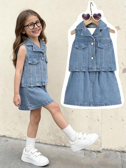 两件套少女时尚休闲牛仔套装，春夏款，包含一件无袖牛仔背心（带领）和一条修身牛仔裙，面料柔软舒适，适合派对和日常穿着。