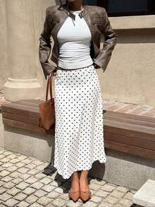 MainGRL White Satin Polka Dot Mermaid Hem Elegant Skirt For Women Cream Skirt Skirt White Polka Dot Skirt White Polka Dot Skirt - White - View 6