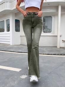 SHEIN LUNE High-Rise Raw Hem Slant Pocket Casual Flare Jeans - Green - View 7