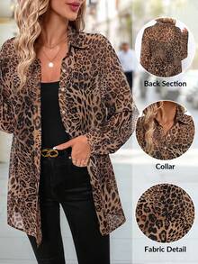 Editum Women's Elegant Leopard Print Chiffon Open Front Loose Long Sleeve Blouse,Long Sleeve Topselegantcasualgraphic Spring Summer Elegant Leopard - Multicolor - View 1