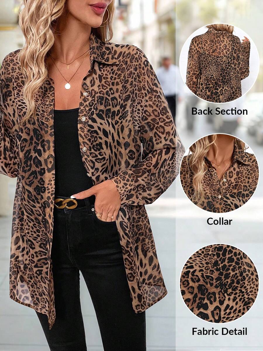 Editum Women's Elegant Leopard Print Chiffon Open Front Loose Long Sleeve Blouse,Long Sleeve Topselegantcasualgraphic Spring Summer Elegant Leopard - Multicolor - View 1