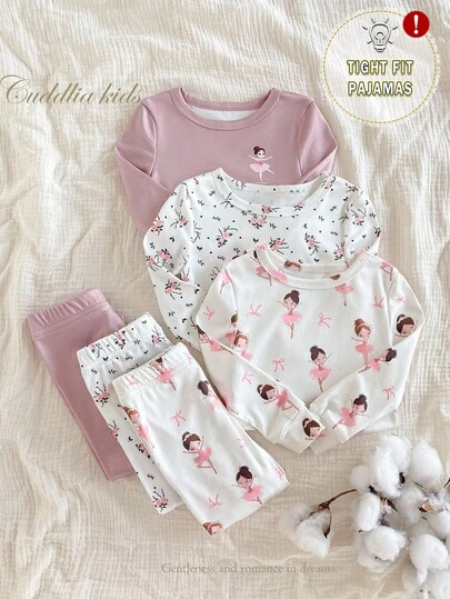 SHEIN Vintaside Kids 6 件套女童紧身套装，简约时尚，碎花长袖柔软舒适，3 件套家居服