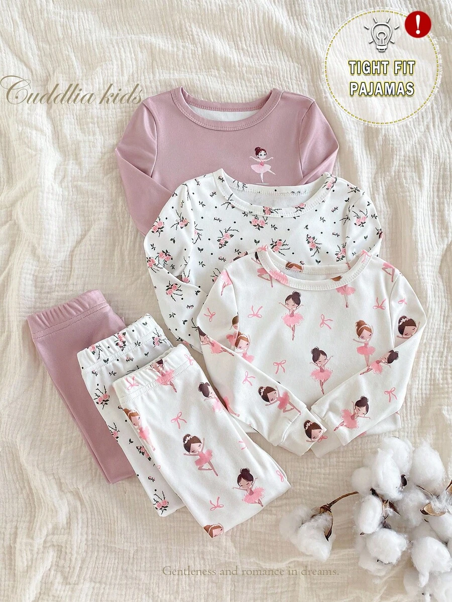 SHEIN Vintaside Kids 6 件套女童紧身套装,简约时尚,碎花长袖柔软舒适,3 件套家居服 - 彩色 - 查看 1