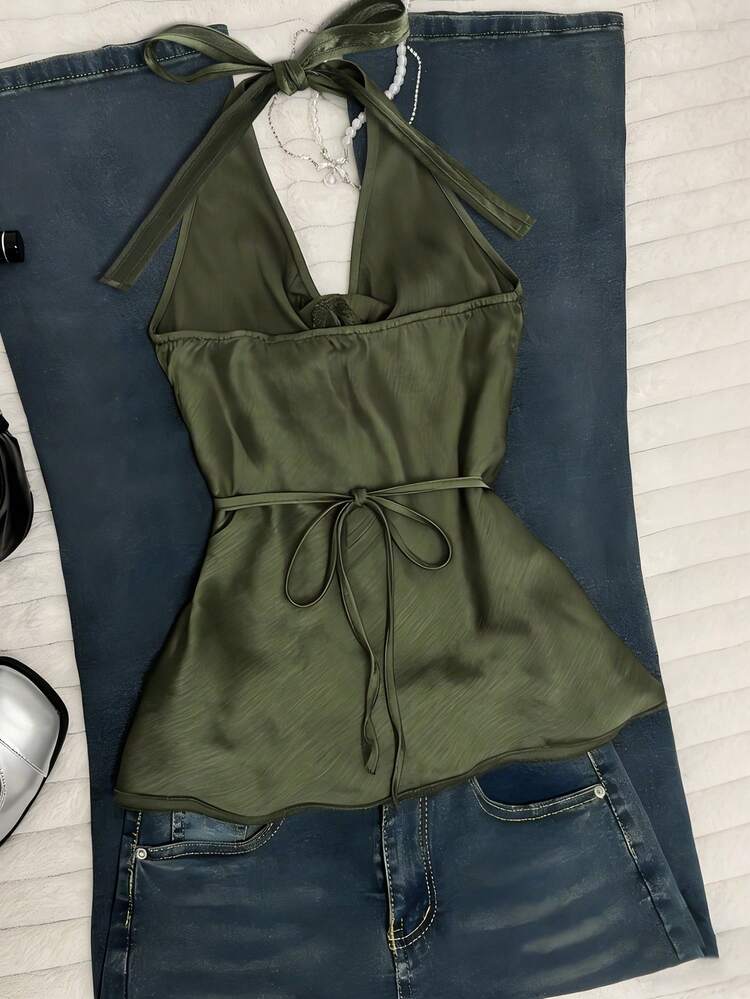 Glimmora Summer New Halter Neck Ruched Waist Tie Sexy Casual Vacation Women Tank Top - Green - View 2