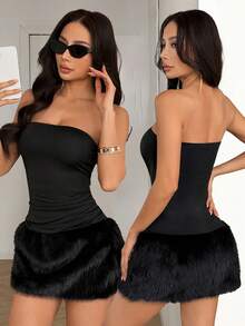 Aidyla Black Sleeveless Faux Fur Patchwork Mini Dress, Sexy & Youthful - Black - View 3