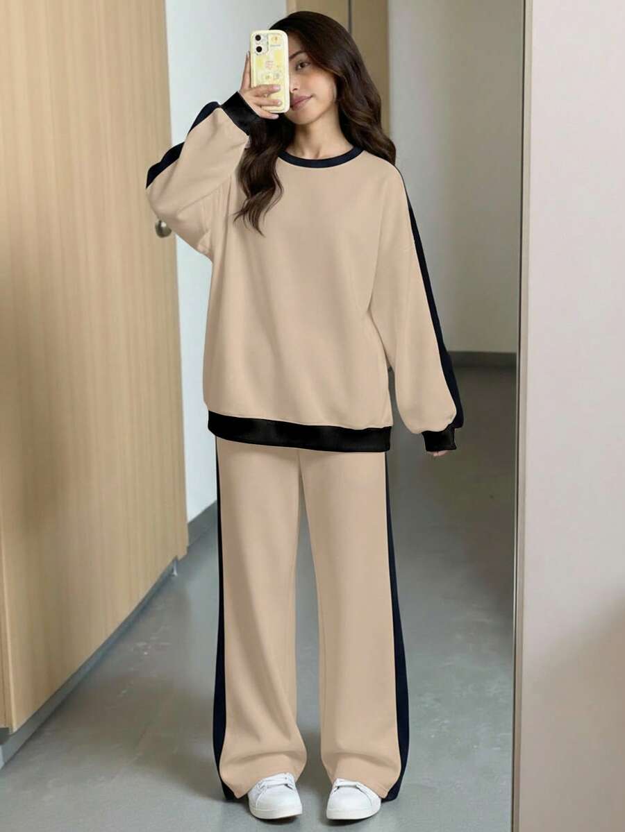Bộ 2 món đồ thể thao thường ngày cho bé gái/thiếu niên, áo nỉ và quần nỉ ống rộng, áo hoodie cổ tròn tay dài dáng rộng phối màu và quần ống rộng, trang phục đi học, màu mơ và đen. - Màu be - Xem 1