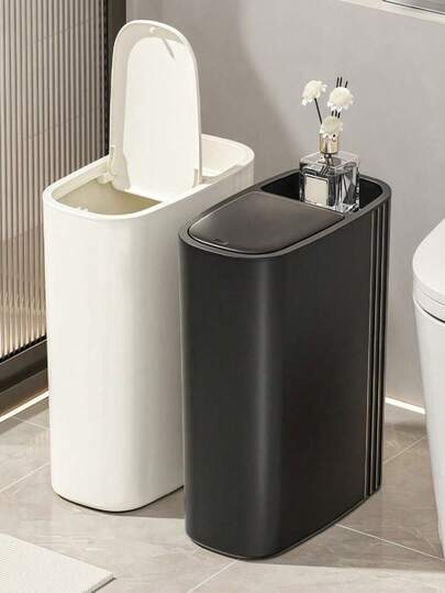 1pc Simple Narrow Gap Lidded Trash Can | Top Storage For Trash Bags, Scented Candles, Phones, And Tissues | Plastic Bathroom And Kitchen Corner Space-Saving Container | Press-To-Open Design + Waterproof And Easy To Clean | Multi-Functional Living Room And Bedroom Trash Bin