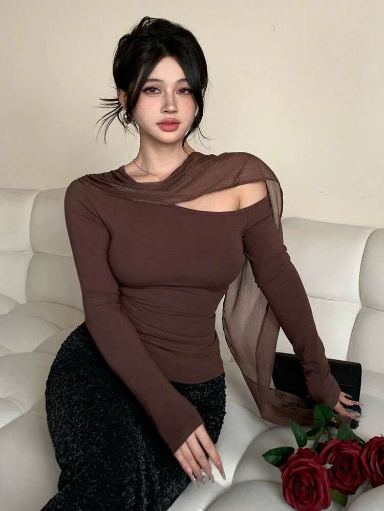 Women's Solid Color Ribbon Design Oblique Shoulder Long Sleeve Fitted Fashion T-Shirt