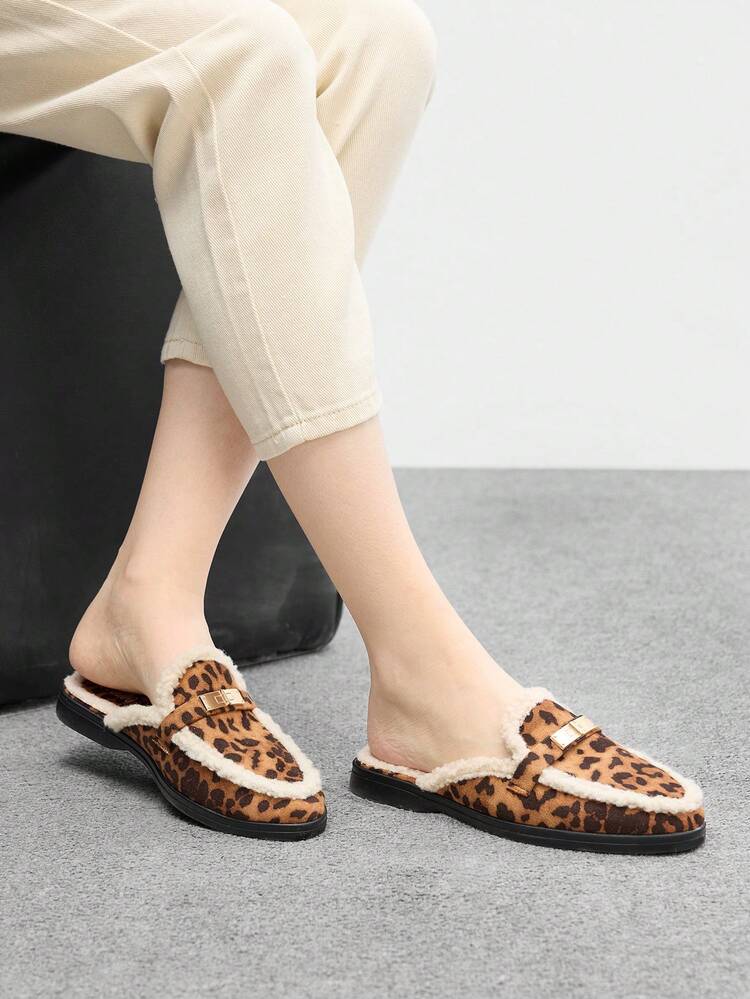 CUCCOO BIZCHIC Women's Fashion Leopard Print Suede Metal Buckle Comfortable Thick Faux Fur Slip-On Mules, Casual Flat Loafers Suitable For Outdoor, Work, Daily Wear For Christmas