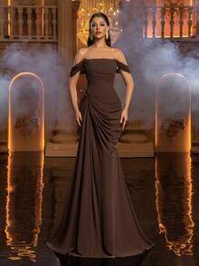 Glamrae Elegant Minimalist Constructivist Off Shoulder Neckline Eyelash Lace Trim Draped Sheer Dress Women's Formal Evening Gown, Formal Dress, Lightweight Mesh Dress