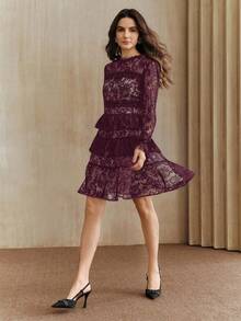 Anewsta 优雅女士蕾丝荷叶边褶皱拼接性感蕾丝连衣裙，圆领长袖，适合工作、秋季、冬季、春季、新年、派对、婚礼等场合，时尚别致，正式场合穿着。