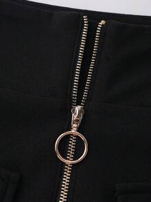 SHEIN Franclia 女士新款独特时尚百搭纯色优雅喇叭裤，高腰显瘦金属拉链长裤 - 黑色 - 查看 6