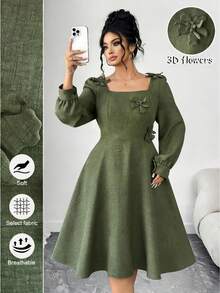SHEIN Elenzya Plus Size Asymmetrical 3D Floral Decor Square Neck Dress - Army Green - View 3