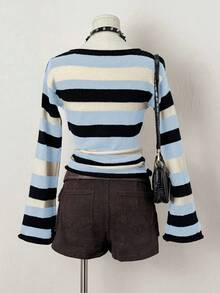 EgrlEra Women's Casual Colorblock Striped Flare Sleeve Sweater, Autumn/Winter - Baby Blue - View 2