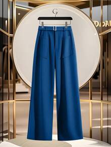 GlowEve Elegant Women's Wide Leg Pants With Pocket Decoration And Waist Cinching - Aqua Blue - View 3