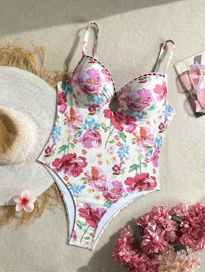 Soleia Maillot de bain une pièce à bretelles fines avec imprimé floral rétro pour femmes grandes tailles