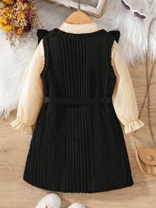 Elladie kids 2 Stücke/Set Mädchen Aprikose Hemdkleid und schwarzes geripptes Trägerkleid, mit liebevollem Rüschensaum Design, Schlitzausschnitt für einfaches Anziehen