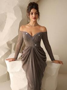 Coutiva 优雅的亮片珍珠装饰露肩露背长袖礼服（奢华华丽的礼服），配有褶裥裙摆；适合婚礼宾客、毕业典礼和生日派对的正式晚礼服。 - 棕色 - 查看 7