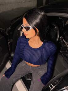 SHEIN ICON Spring Black Solid Crop Top Without Bra - Navy Blue - View 4