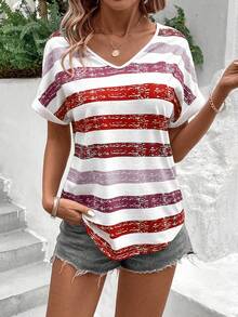 EMERY ROSE Áo thun tay cánh dơi kẻ sọc nhiều màu sắc cho mùa hè Áo thun họa tiết dành cho nữ - Nhiều màu - Xem 6