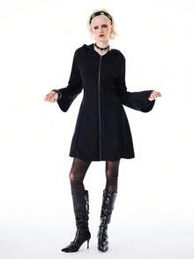 Bloopia Women's Woven Long Sleeve Black Hoodie Dress, Waist Cinched Slimming Design, Hooded With Devil Horn, Dark Ghost Girl Dress - Black - View 6
