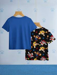 SHEIN | PAW Patrol 2pcs/Set Young Boy Casual Cute Cartoon Dog Print Round Neck Short Sleeve Knit T-Shirt, Summer - Multicolor - View 2