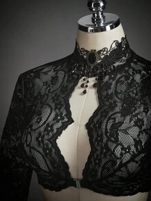 SHEIN ICON 女士万圣节蕾丝两件套性感前卫服装，喇叭袖上衣搭配半裙，适合派对穿着 - 黑色 - 查看 15