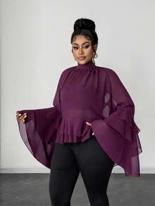 Maweii Áo kiểu nữ cỡ lớn màu tím mới mùa xuân/hè/thu 2026, chất liệu hơi xuyên thấu, cổ cao, thiết kế bèo nhún, dáng rộng thanh lịch, phù hợp cho kỳ nghỉ, mặc hàng ngày, công sở, văn phòng và thời trang thành thị. - Màu đỏ tím - Xem 4