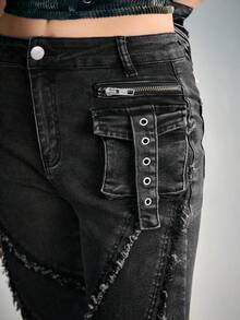 ROMWE Grunge Punk Women's Heavy Wash Distressed Patchwork Cargo Pocket Jeans