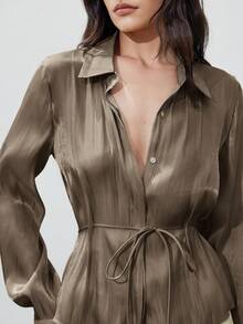 Aveloria Modichic New Fashionable Minimalist Elegant Women's Blouse With Lapel, Lustrous Satin Waist Drawstring, Slim Fit Long Sleeve Shirt - Coffee Brown - View 5