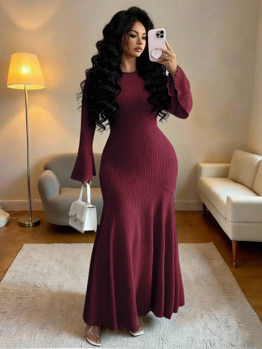 Elenzga Đầm trơn thanh lịch dành cho phụ nữ cỡ lớn - Màu Đỏ Sâu - Xem 1