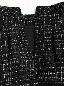 Sweetra 复古粗花呢撞色长袖上衣和百褶裙两件套，女士常规版型，春/秋/冬 - 黑色 - 查看 5