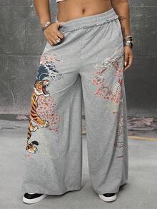 ROMWE Avant 加大码新款中国风虎龙元素印花宽松街头运动裤 - 灰色 - 查看 6