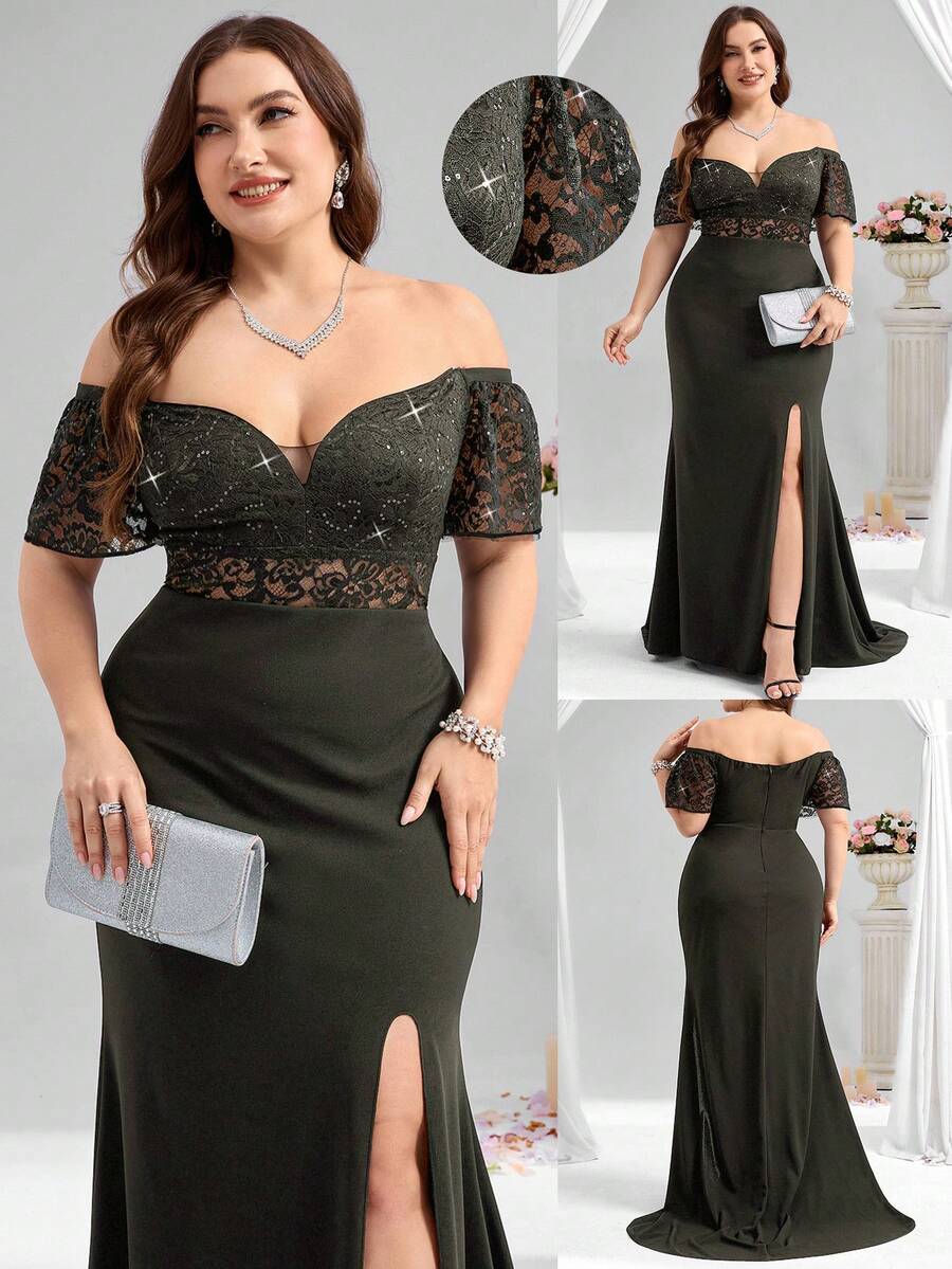 Coutiva Dark Green Plus Size Women's Lace & Sequin Patchwork Off-Shoulder Side Slit Hem Elegant Formal Evening Gown,Spring Curvy Prom Dress For Wedding,Ball - Army Green - View 1