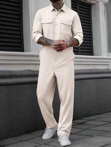Manfinity Homme Áo sơ mi nam tay dài màu mơ phong cách trưởng thành có túi tiện dụng kèm quần liền - Màu be - Xem 5