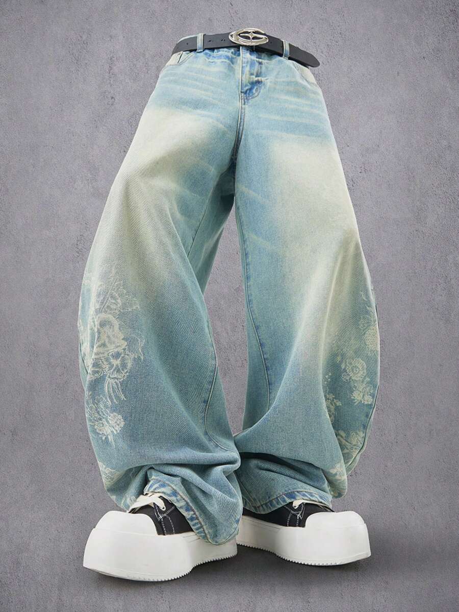 Manfinity Denimwave 男士休闲印花做旧直筒牛仔裤 - 淺色水洗藍 - 查看 1