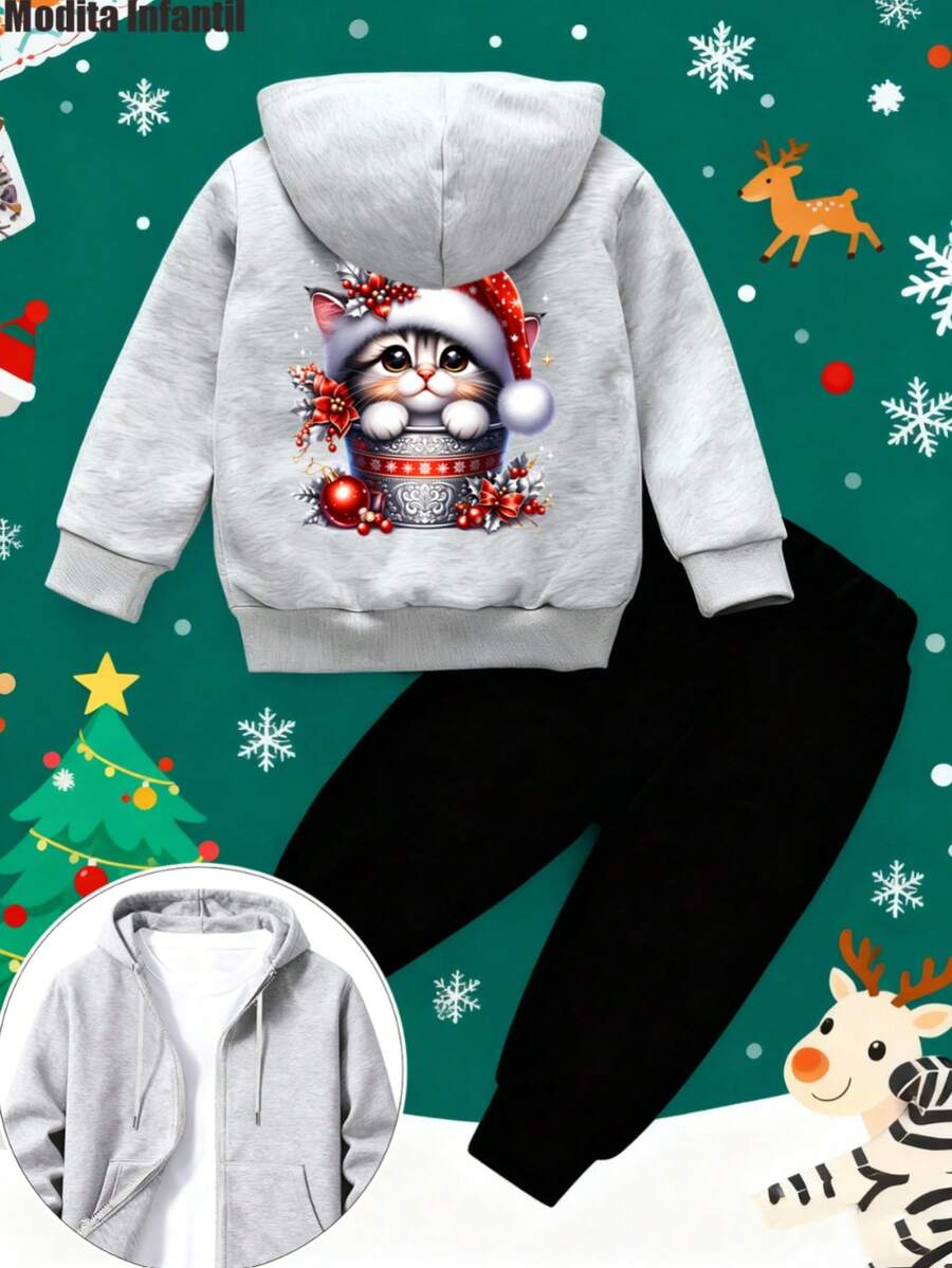 KID010-1|Navidad|2 piezas Chaquetas y pantalones para niños|Conjunto de ropa infantil navideño con sudadera con capucha y pantalones negros, decorado con antílopes con luces y el mensaje "Merry Christmas" - Gris - Ver 1