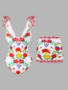 Swim Oasis 女士沙滩装 - 波西米亚风印花，深V领花卉饰边，时尚休闲性感度假连体泳衣带裙 - 彩色 - 查看 3